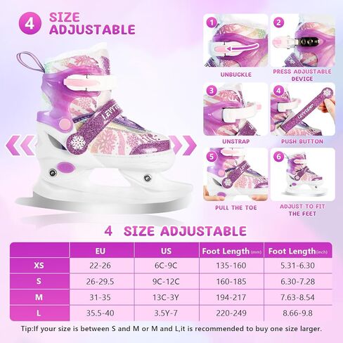 Adjustable Ice Skates for Kids Boys Girls - Warm Fleece Lined, 4 Size Adjustable Beginner Snowflake Blades Ankle Support Figure Skates for Outdoor and Rink in Kuwait