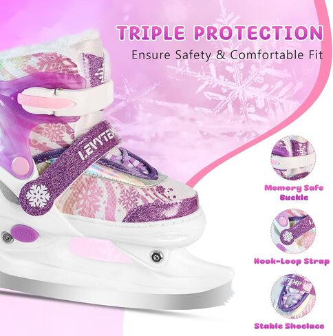Adjustable Ice Skates for Kids Boys Girls - Warm Fleece Lined, 4 Size Adjustable Beginner Snowflake Blades Ankle Support Figure Skates for Outdoor and Rink in Kuwait