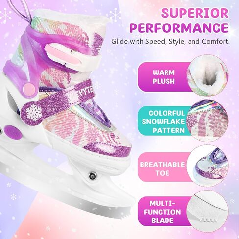 Adjustable Ice Skates for Kids Boys Girls - Warm Fleece Lined, 4 Size Adjustable Beginner Snowflake Blades Ankle Support Figure Skates for Outdoor and Rink in Kuwait