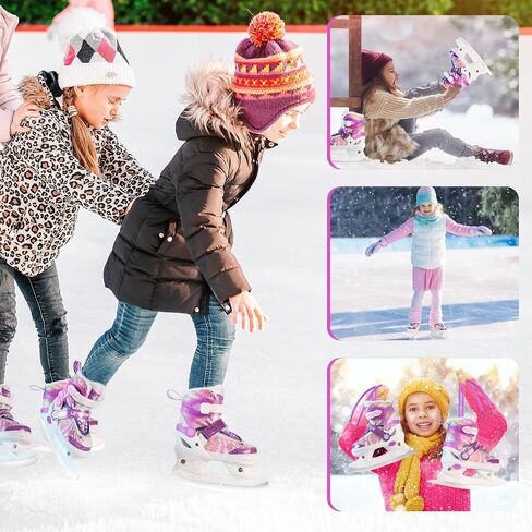 Adjustable Ice Skates for Kids Boys Girls - Warm Fleece Lined, 4 Size Adjustable Beginner Snowflake Blades Ankle Support Figure Skates for Outdoor and Rink in Kuwait