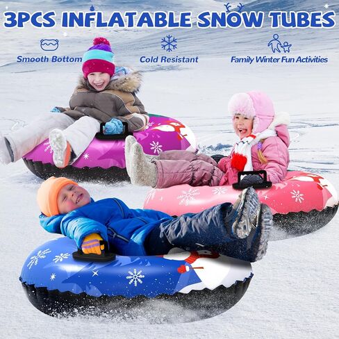 Snow Tube, Set of 3 Snowman Snow Tubes for Kids & Adults, Durable Cold-Resistant Inflatable Snow Sled, Sledding Heavy-Duty with Hard Bottom & Handles, Perfect Family Snow Toys Xmas Winter Gifts in Kuwait