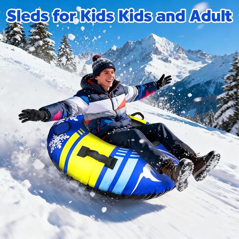 ZMLM Snow Tubes for Sledding Heavy Duty - 48'' Inflatable Snow Tube with Premium Canvas Cover for Kids Adults,Towable Snow Sled Thickened Bottom Winter Gift Outdoor Fun Toys for Boys Girls in Kuwait