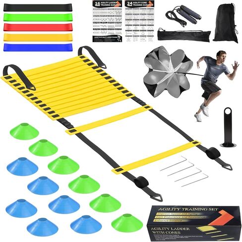 Speed Agility Training Equipment Set, Agility Ladder 20ft, 12 Football Cones, Resistance Parachute/Soccer Kick Trainer, Jump Rope, 5 Resistance Bands, Football Practice Equipment for Kids Adults in Saudi Arabia