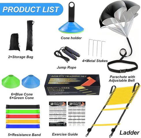 Speed Agility Training Equipment Set, Agility Ladder 20ft, 12 Football Cones, Resistance Parachute/Soccer Kick Trainer, Jump Rope, 5 Resistance Bands, Football Practice Equipment for Kids Adults in Saudi Arabia