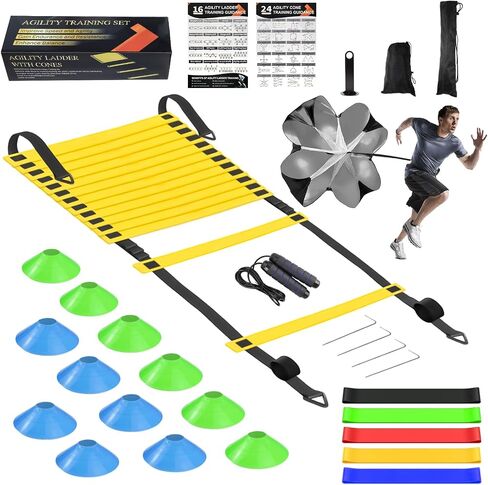 Speed Agility Training Equipment Set, Agility Ladder 20ft, 12 Football Cones, Resistance Parachute/Soccer Kick Trainer, Jump Rope, 5 Resistance Bands, Football Practice Equipment for Kids Adults in Saudi Arabia