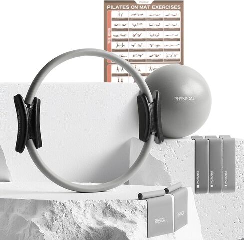 طقم بيلاتيس، حلقة بيلاتيس مقاس 15 بوصة مع كرة أساسية واحدة، 3 حلقات مقاومة و2 شريط مرن، مجموعة أساسية لتمارين البيلاتس المنزلية على السجادة in Kuwait