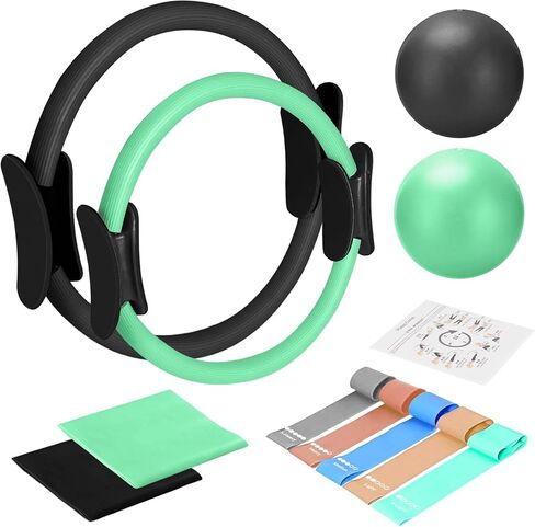 TOPZGLEEY Pilates Ring and Ball Set with Resistance Bands - Pilates Equipment for Home Workout - 14'' & 12'' Pilates Rings, 2 Pilates Balls, 5 Resistance Bands,Guide in Kuwait