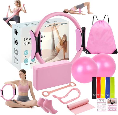 Pilates Kit for Women, Home Pilates Equipment Set with Pilates Ring and 2 Ball, 5 Resistance Bands, Yoga Block,Full Body Core & Flexibility Training,14-in-1 Portable Durable At Home Pilates Kit in Kuwait