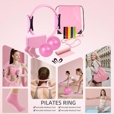 Pilates Kit for Women, Home Pilates Equipment Set with Pilates Ring and 2 Ball, 5 Resistance Bands, Yoga Block,Full Body Core & Flexibility Training,14-in-1 Portable Durable At Home Pilates Kit in Kuwait