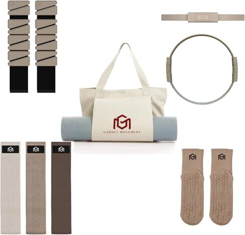 Home Pilates Essentials Kit 9 pcs. Pilates Ring Fitness Trainer, Ankle/Wrist Weights, Resistance Bands, Tote Bag, Grip Socks. Home or Gym/Studio Use. *MAT NOT Included* in Saudi Arabia
