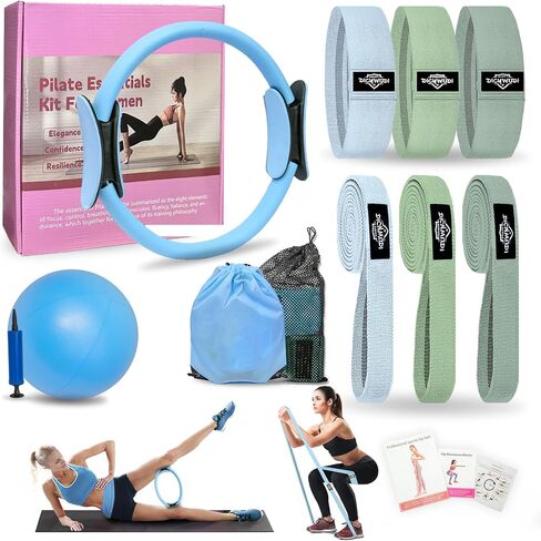 Pilates Essentials Kit for Home Women, Pilates Equipment for Workouts, 6 Fabric Resistance Bands, 12 Inch Magic Circle Yoga Ring, Mini Exercise Ball, Great Exercise Accessories in Kuwait