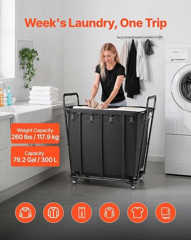 VEVOR Laundry Cart, Rolling Grocery Utility Cart with Waterproof Liner & Swivel Wheels, 260 LBS Large Load Capacity, Heavy Duty Shopping Basket for Laundry, Shopping, Camping, Grocery, Luggage, Black in Saudi Arabia