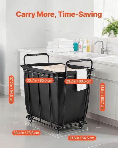 VEVOR Laundry Cart, Rolling Grocery Utility Cart with Waterproof Liner & Swivel Wheels, 260 LBS Large Load Capacity, Heavy Duty Shopping Basket for Laundry, Shopping, Camping, Grocery, Luggage, Black in Saudi Arabia