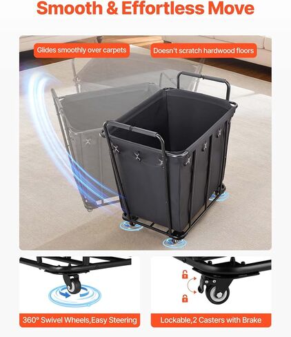 VEVOR Laundry Cart, Rolling Grocery Utility Cart with Waterproof Liner & Swivel Wheels, 260 LBS Large Load Capacity, Heavy Duty Shopping Basket for Laundry, Shopping, Camping, Grocery, Luggage, Black in Saudi Arabia