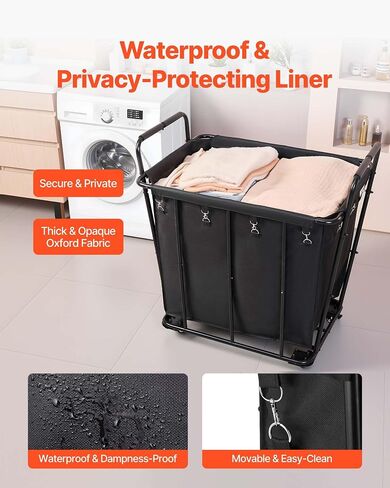 VEVOR Laundry Cart, Rolling Grocery Utility Cart with Waterproof Liner & Swivel Wheels, 260 LBS Large Load Capacity, Heavy Duty Shopping Basket for Laundry, Shopping, Camping, Grocery, Luggage, Black in Saudi Arabia