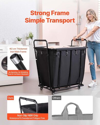 VEVOR Laundry Cart, Rolling Grocery Utility Cart with Waterproof Liner & Swivel Wheels, 260 LBS Large Load Capacity, Heavy Duty Shopping Basket for Laundry, Shopping, Camping, Grocery, Luggage, Black in Saudi Arabia