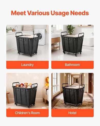 VEVOR Laundry Cart, Rolling Grocery Utility Cart with Waterproof Liner & Swivel Wheels, 260 LBS Large Load Capacity, Heavy Duty Shopping Basket for Laundry, Shopping, Camping, Grocery, Luggage, Black in Saudi Arabia