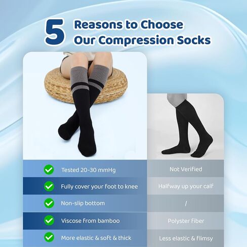 Thick Bamboo Viscose Compression Socks for Men Women (3 Pairs) 20-30 mmHg Non-Slip Knee High Support for Daily in Kuwait