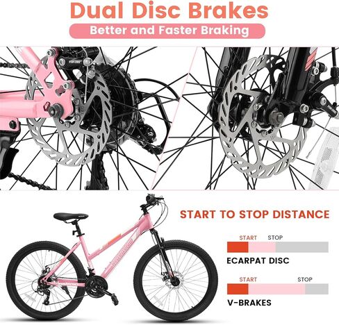 24 26 Inch Women Girls Mountain Bike, Disc/V Brakes 21 Speeds Women Bike, Sturdy Steel Frame and Suspension Fork, Stylish Adult and Teens Bicycle for Urban Trail Snow Commuter in Kuwait