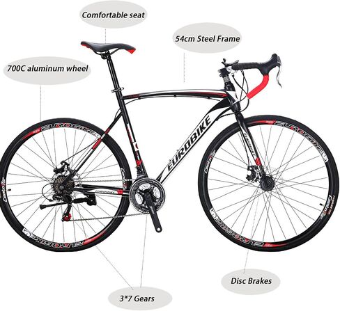 دراجة الطريق EUROBIKE، دراجة ذات 21 سرعة مع فرامل قرصية، عجلات 700C للرجال والنساء، إطار 49 سم/54 سم للكبار لركوب الدراجات in Kuwait
