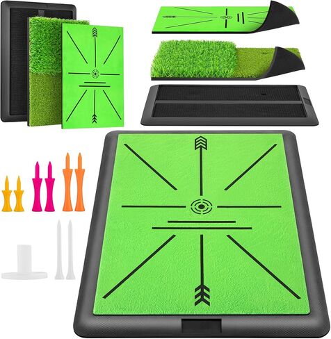 Golf Hitting Mat, Golf Mats Practice Outdoor Indoor for Swing Path Feedback Detection Batting, 16"x12" Artificial Dual Turf Golf Mat with Tees for Training, Driving, Chipping in Kuwait