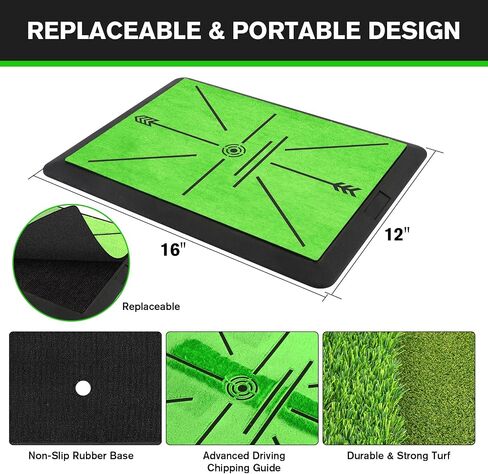 Golf Hitting Mat, Golf Mats Practice Outdoor Indoor for Swing Path Feedback Detection Batting, 16"x12" Artificial Dual Turf Golf Mat with Tees for Training, Driving, Chipping in Kuwait