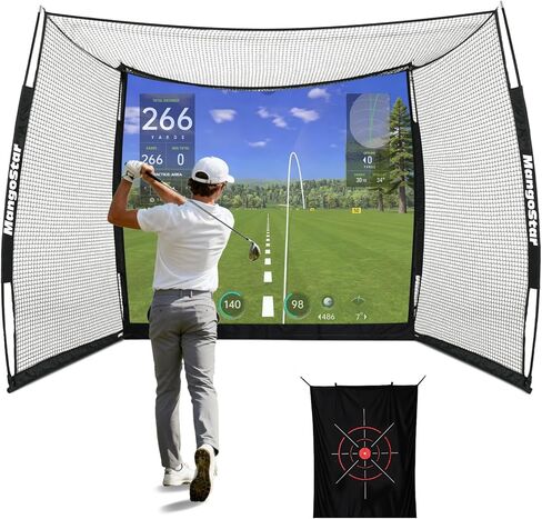 MangoStar Golf Net, 11x8ft Golf Simulators Hitting Net with High-Density Impact Screen and Target Cloth, Heavy Duty Practice Cage for Swing Driving, Home Backyard Garage Indoor Outdoor Use in Kuwait