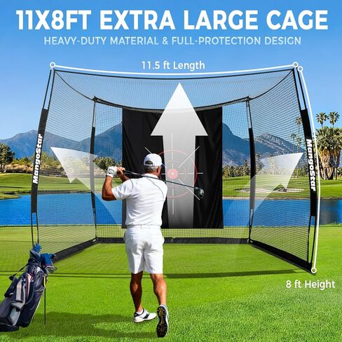 MangoStar Golf Net, 11x8ft Golf Simulators Hitting Net with High-Density Impact Screen and Target Cloth, Heavy Duty Practice Cage for Swing Driving, Home Backyard Garage Indoor Outdoor Use in Kuwait