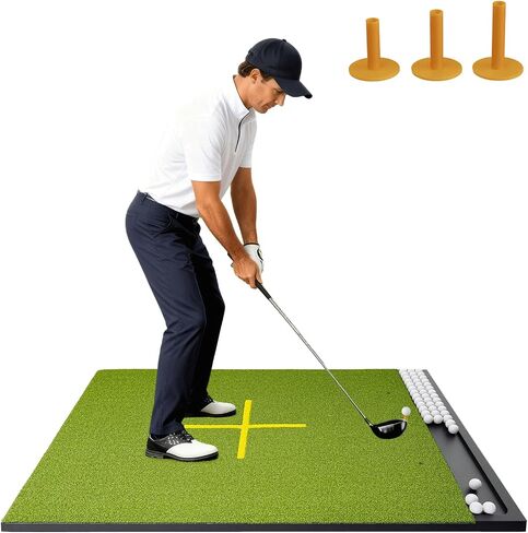 Golf Hitting Mat with Ball Tray, Stance Guide Cross-Line, 5x4ft & 6x4ft, 26mm & 31mm Thickness Green Turf Practice Mats for Indoor Outdoor, for Men, Dad, Husband & Golf Lovers in Saudi Arabia