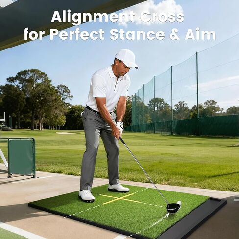 Golf Hitting Mat with Ball Tray, Stance Guide Cross-Line, 5x4ft & 6x4ft, 26mm & 31mm Thickness Green Turf Practice Mats for Indoor Outdoor, for Men, Dad, Husband & Golf Lovers in Saudi Arabia
