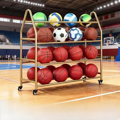 Sports Ball Storage Rack, Heavy Duty Metal Rolling Cart, 4-Tier Mobile Organizer with Wheels for Basketball, Soccer, Volleyball Equipment, Black, White, Gold Frame in Saudi Arabia