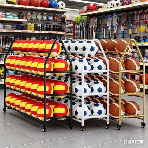 Sports Ball Storage Rack, Heavy Duty Metal Rolling Cart, 4-Tier Mobile Organizer with Wheels for Basketball, Soccer, Volleyball Equipment, Black, White, Gold Frame in Saudi Arabia
