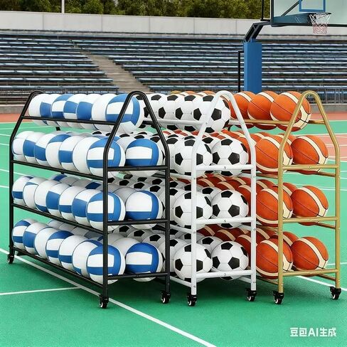 Sports Ball Storage Rack, Heavy Duty Metal Rolling Cart, 4-Tier Mobile Organizer with Wheels for Basketball, Soccer, Volleyball Equipment, Black, White, Gold Frame in Saudi Arabia