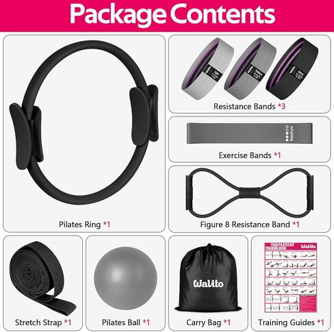 WALITO Pilates Ring Set for Women, Home Pilates Equipment Kit with Resistance Bands, Figure 8 Workout Bands, Magic Circle, Mini Ball, Compact Toning Fitness Essentials Starter Set Accessories Gift in Kuwait