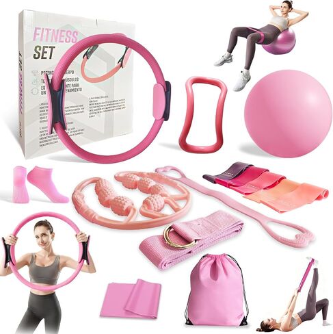 Home Workout Pilates Kit for Women, Better me Pilates Ring and Ball Set Essentials Equipment, with 5 Resistance Bands, Massager Roller, Yoga Starter Accessories for Toning Arms, Thighs & Core in Saudi Arabia