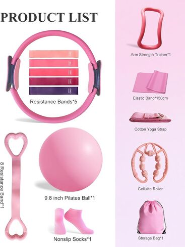 Home Workout Pilates Kit for Women, Better me Pilates Ring and Ball Set Essentials Equipment, with 5 Resistance Bands, Massager Roller, Yoga Starter Accessories for Toning Arms, Thighs & Core in Saudi Arabia