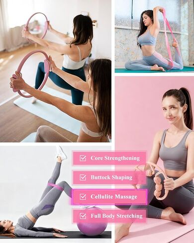 Home Workout Pilates Kit for Women, Better me Pilates Ring and Ball Set Essentials Equipment, with 5 Resistance Bands, Massager Roller, Yoga Starter Accessories for Toning Arms, Thighs & Core in Saudi Arabia