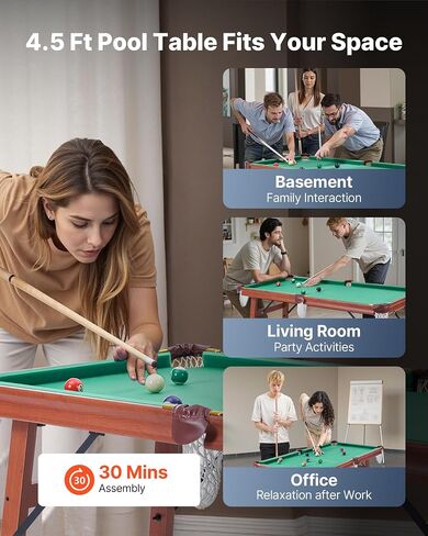 VEVOR Folding Pool Table,Portable Billiards Tables, Foldable Space-Saving Entertainment Game Set Includes Ball, Cue, Rack, Chalk, Brush, Brown with Bule Cloth, for Family Use, Recreation Room in Saudi Arabia