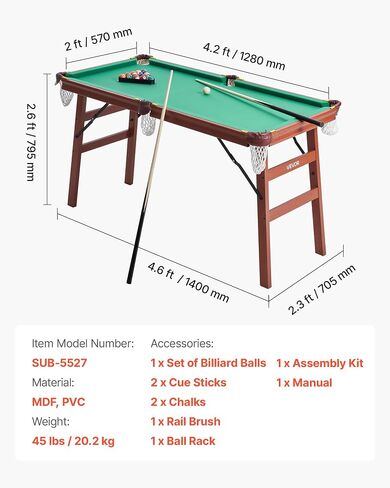 VEVOR Folding Pool Table,Portable Billiards Tables, Foldable Space-Saving Entertainment Game Set Includes Ball, Cue, Rack, Chalk, Brush, Brown with Bule Cloth, for Family Use, Recreation Room in Saudi Arabia