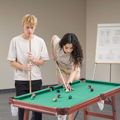 VEVOR Folding Pool Table,Portable Billiards Tables, Foldable Space-Saving Entertainment Game Set Includes Ball, Cue, Rack, Chalk, Brush, Brown with Bule Cloth, for Family Use, Recreation Room in Saudi Arabia