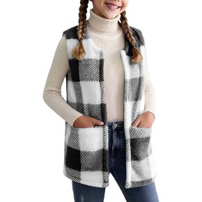 سترة منقوشة للفتيات سترة صوف بدون أكمام مع جيوب كاجوال بمربعات معاطف عصرية للأطفال ملابس شتوية خفيفة الوزن in Kuwait