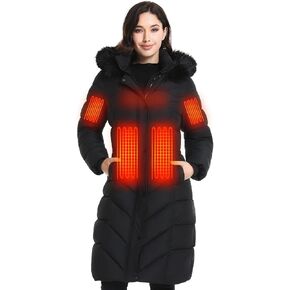 Heated Jackets for Women with 16000mAh Battery Pack, Long Heated Coat with Detachable Fur Hood for Winter in Saudi Arabia