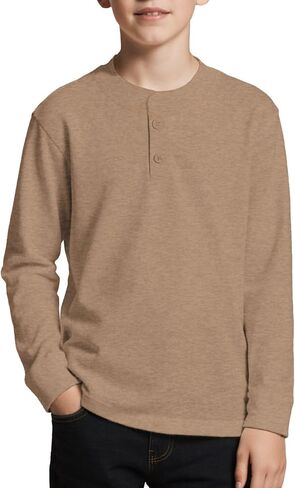 تي شيرت للأولاد بأكمام طويلة من Henley تي شيرت عادي بمزيج ثلاثي وفتحة رقبة مستديرة وأزرار وقمصان علوية غير رسمية in Kuwait