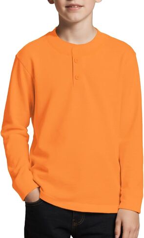 تي شيرت للأولاد بأكمام طويلة من Henley تي شيرت عادي بمزيج ثلاثي وفتحة رقبة مستديرة وأزرار وقمصان علوية غير رسمية in Kuwait