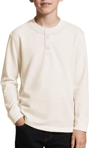 تي شيرت للأولاد بأكمام طويلة من Henley تي شيرت عادي بمزيج ثلاثي وفتحة رقبة مستديرة وأزرار وقمصان علوية غير رسمية in Kuwait