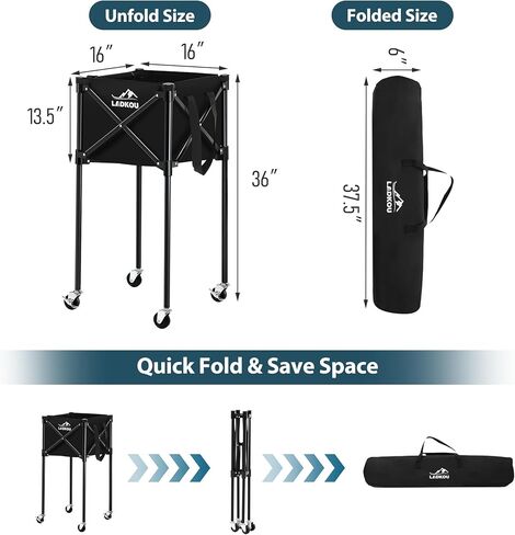 قادوس كرة تنس كبير جدًا، يحمل 200 كرة، سلة كرات تنس قابلة للطي مع عجلات وحقيبة قابلة للإزالة، عربة كرة مخلل خفيفة الوزن للبيسبول/الكرة اللينة، للتدريب/التدريس، أسود in Kuwait