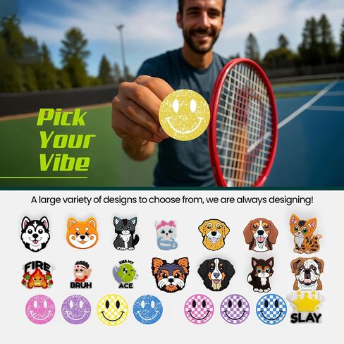 Tennis Racket Dampener - Glitter Smiley Face Designs - Vibration & Noise-Reducing Tennis Shock Absorber for Racquets - Secure, Easy-Install Accessories for Players of All Levels in Kuwait