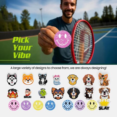 مرطب مضارب التنس - تصميمات وجه مبتسم لامعة - ممتص صدمات التنس للمضارب لتقليل الاهتزاز والضوضاء - ملحقات آمنة وسهلة التركيب للاعبين من جميع المستويات in Kuwait