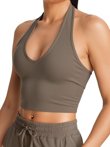 Halter Longline Sports Bras - Low Impact Open Back Bras Padded Workout Crop Tank with Built in Bra in Kuwait