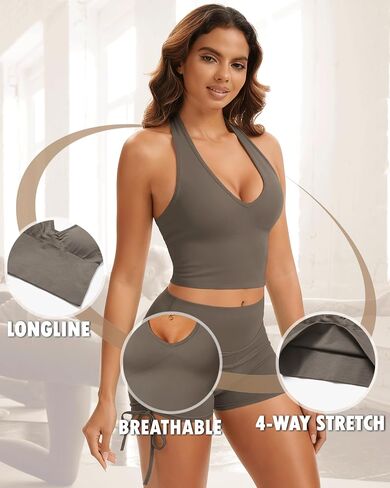Halter Longline Sports Bras - Low Impact Open Back Bras Padded Workout Crop Tank with Built in Bra in Kuwait